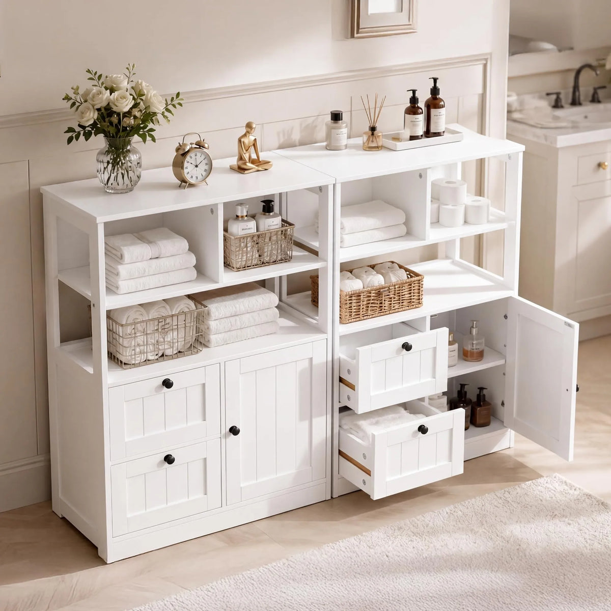 White Farmhouse Freestanding Bathroom Storage Cabinet With Door And Drawers, Wooden Cupboard With Adjustable Shelves For Kitchen, Living Room
