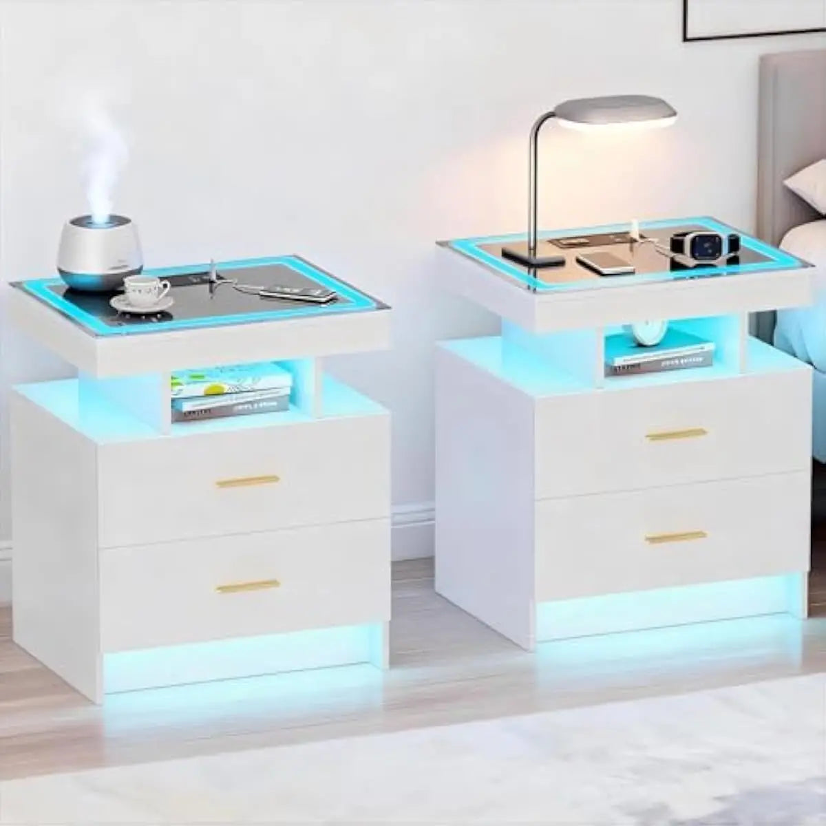 2-piece LED-equipped bedside tables featuring touchless motion-sensing illumination, triple-color adjustable lighting, tempered