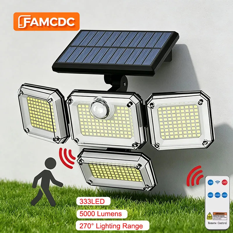5000LM Outdoor Motion Sensor Lamp 333 LED IP65 Waterproof 4-Head Solar Power Light Flood Lights 270° Lighting Range Outdoor Indoor Solar Garden Lamp With Adjustable Head Wide Lighting