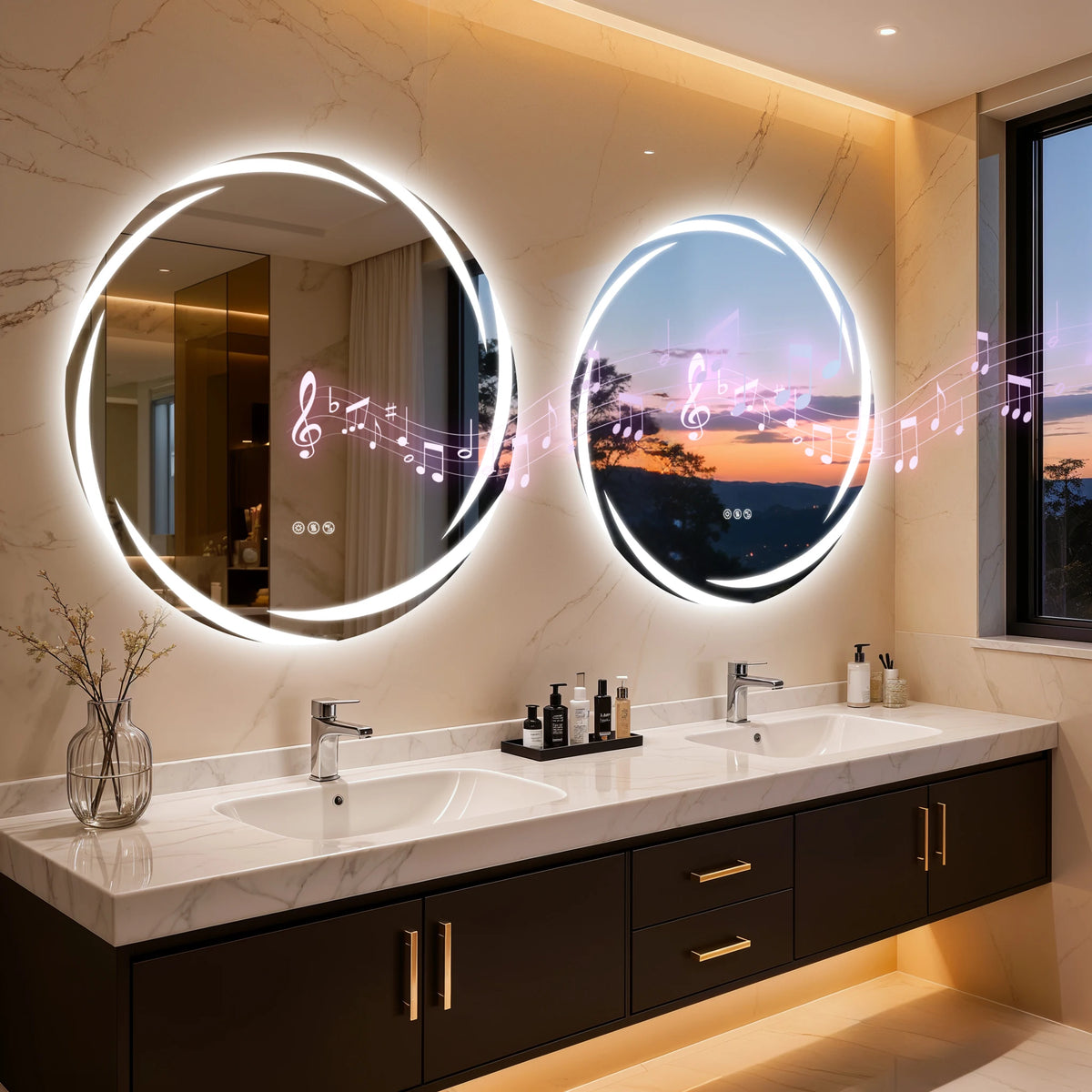 LED Bathroom Mirror Tempered Glass 32” Round Bluetooth Mirror with Double Speakers, 3 Color, Dimming, Defog, Memory Function