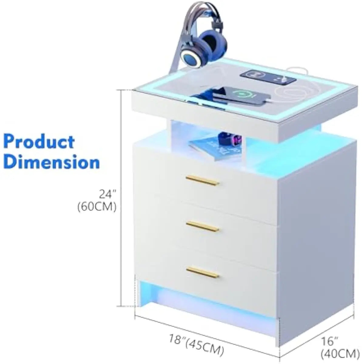 2-piece LED-equipped bedside tables featuring touchless motion-sensing illumination, triple-color adjustable lighting, tempered
