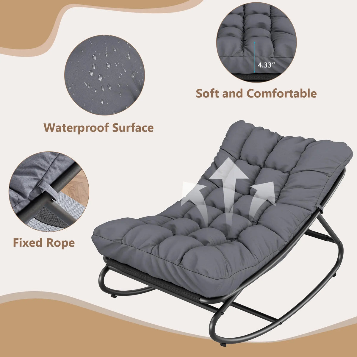 HiMISS Outdoor Metal Rocking Chair With Waterproof Cushion