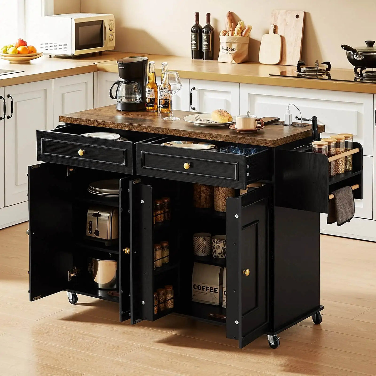Mobile Kitchen Island Cart With Drop Leaf Power Outlet Storage
