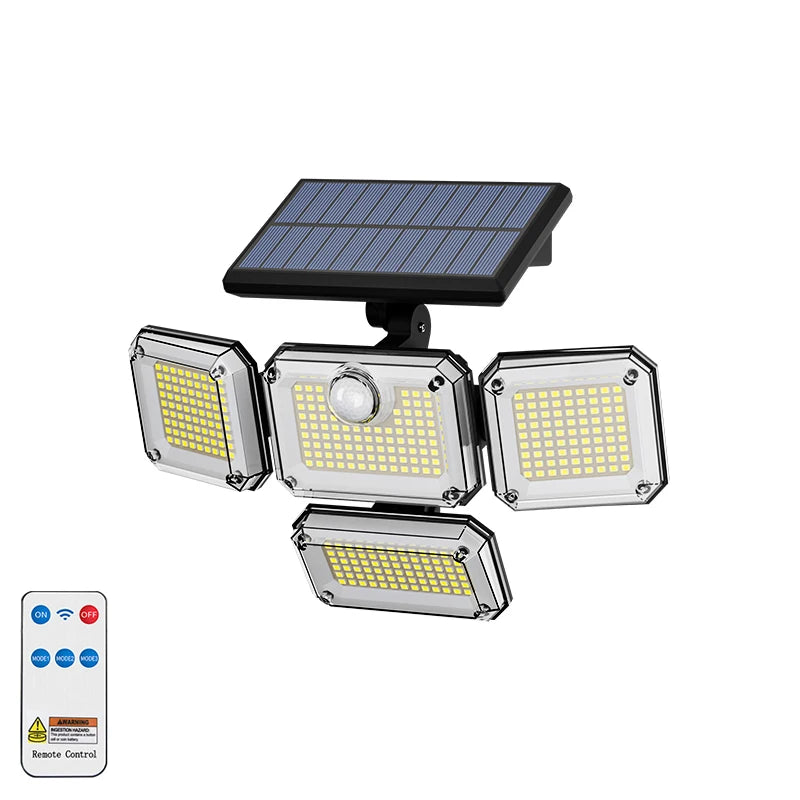 5000LM Outdoor Motion Sensor Lamp 333 LED IP65 Waterproof 4-Head Solar Power Light Flood Lights 270° Lighting Range Outdoor Indoor Solar Garden Lamp With Adjustable Head Wide Lighting