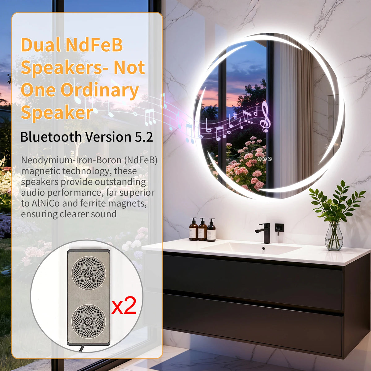 LED Bathroom Mirror Tempered Glass 32” Round Bluetooth Mirror with Double Speakers, 3 Color, Dimming, Defog, Memory Function