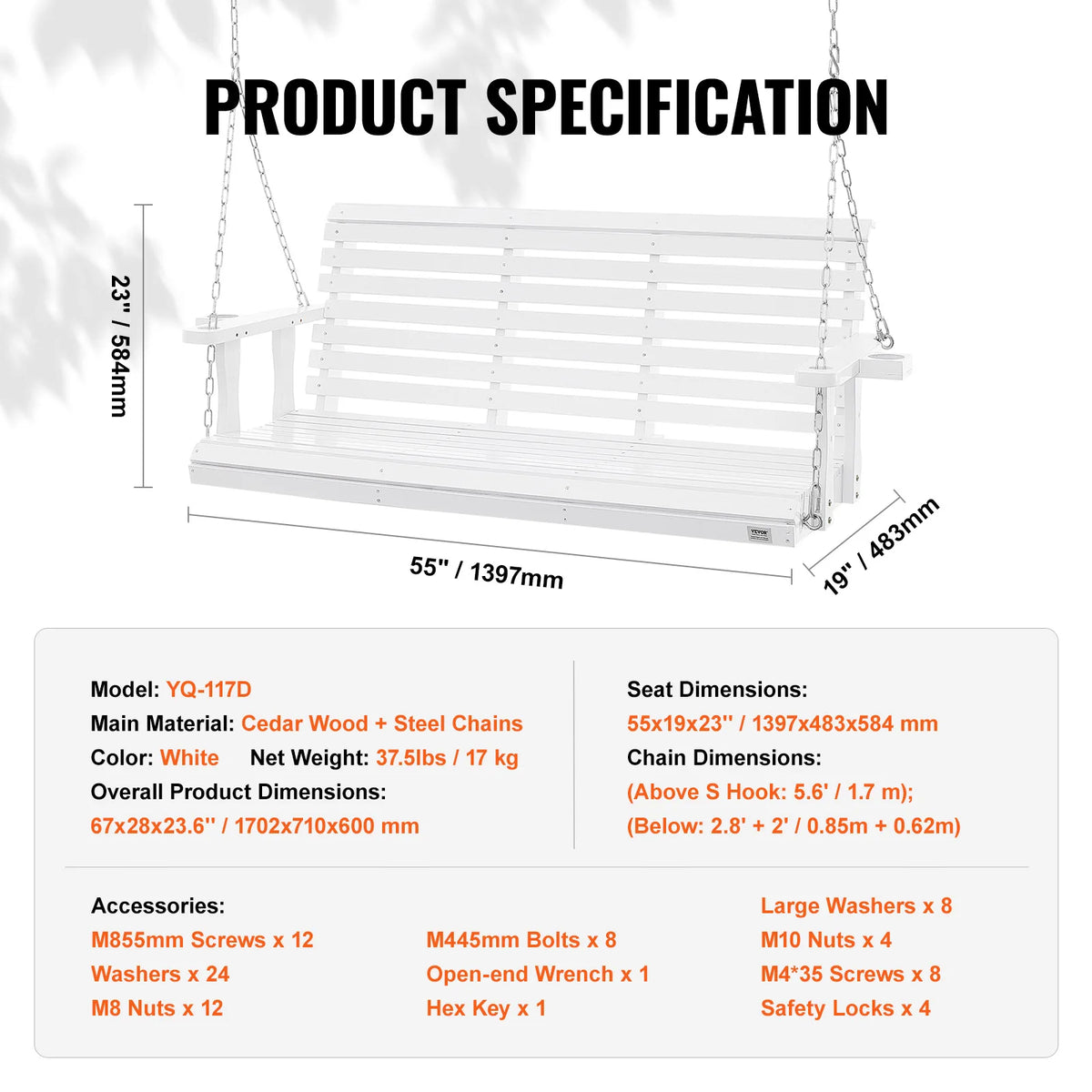 SucceBuy Wooden Porch Swing With Steel Chains For Outdoor Gardens