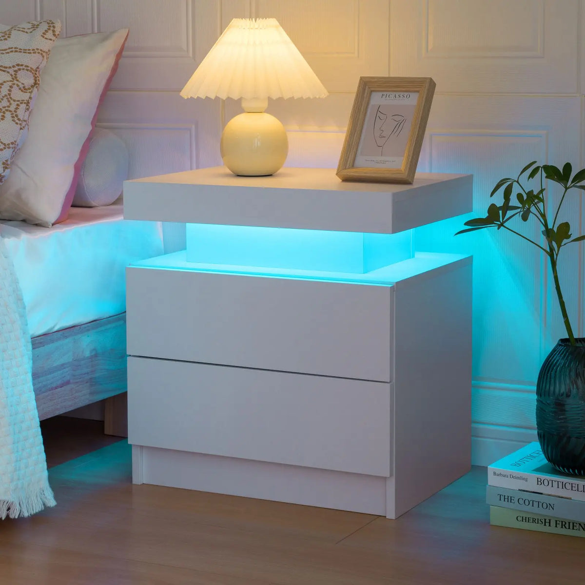 Cubehom Modern LED Nightstand With Two Drawers And RGB Lighting