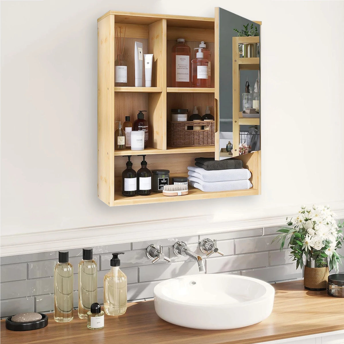 Bamboo Wall Mounted Medicine Cabinet With Mirror And Storage Shelves