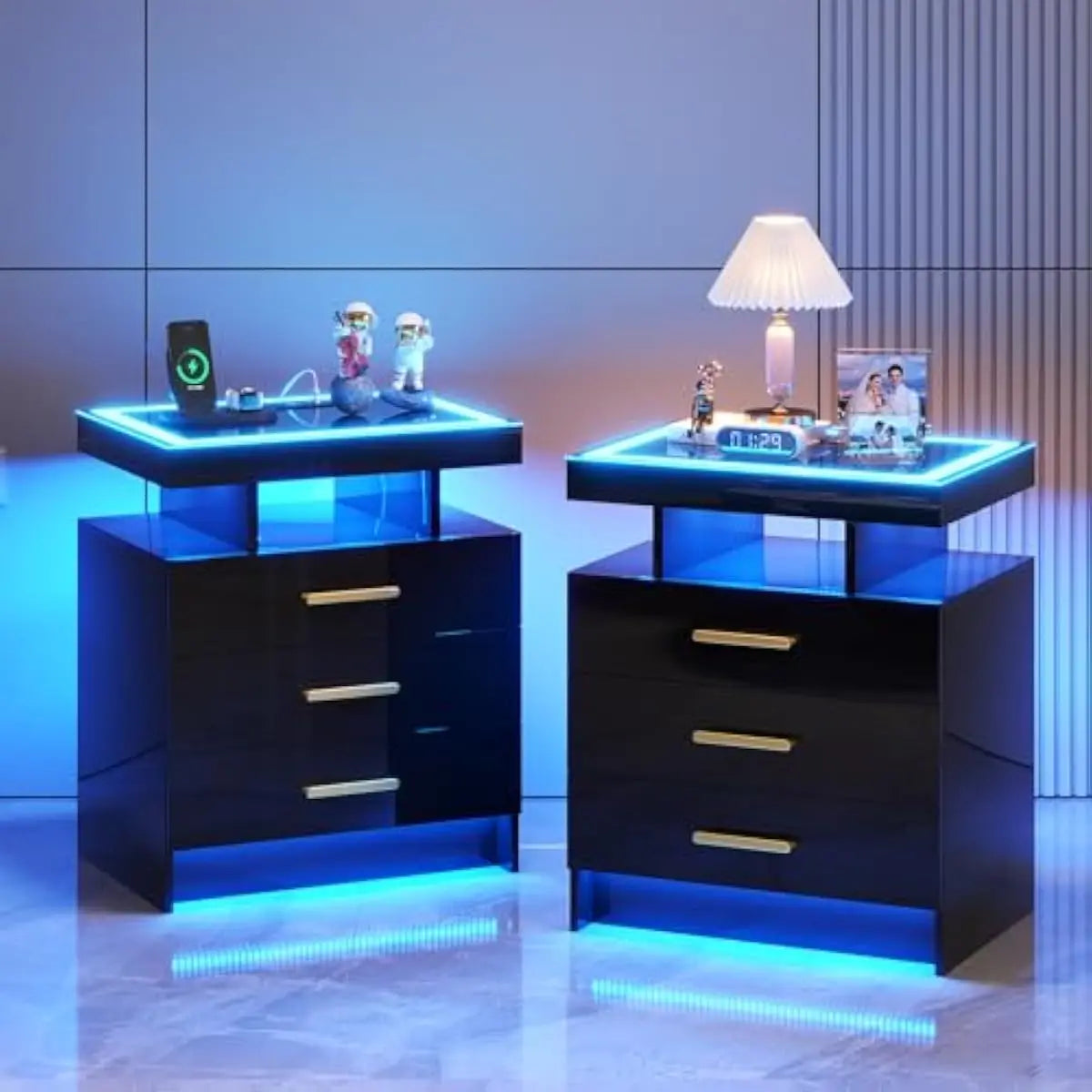 3-drawer LED nightstand set with motion-sensor lighting, wireless charging, USB-C ports, tempered glass top, MDF frame, minimali