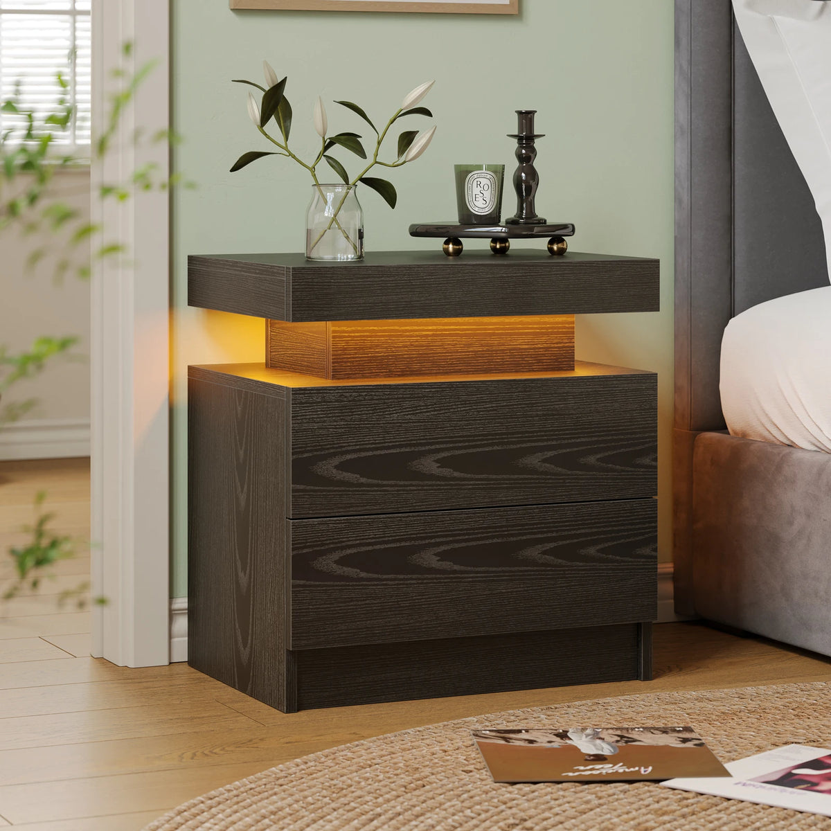 Cubehom Modern LED Nightstand With Two Drawers And RGB Lighting