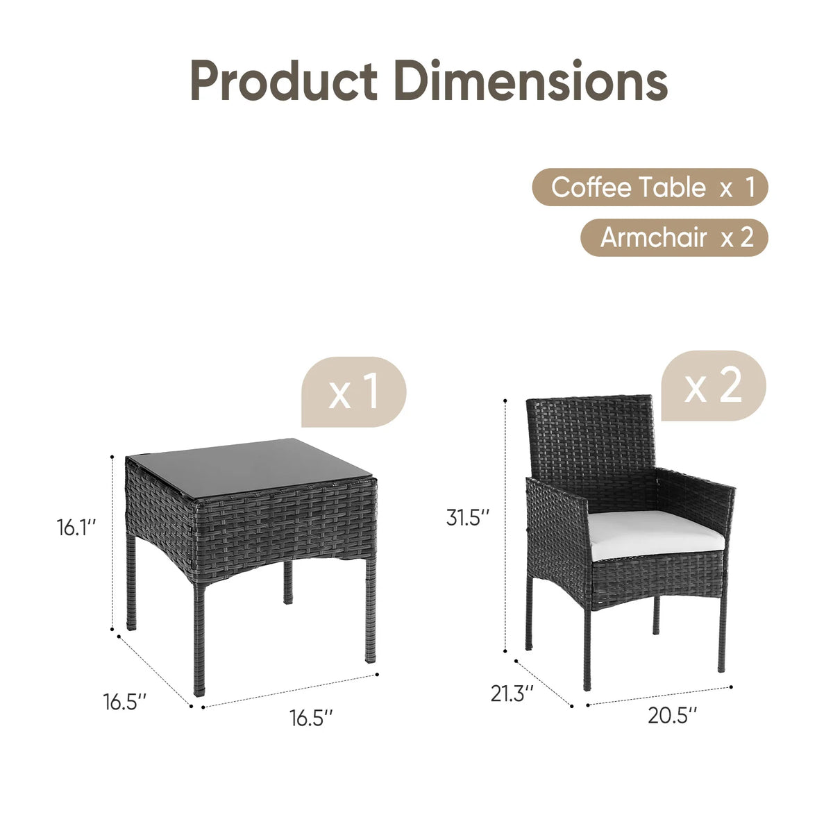 JHK Outdoor Wicker Bistro Set With Cushions And Glass Table
