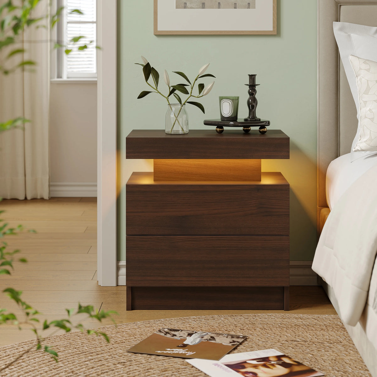 Cubehom Modern LED Nightstand With Two Drawers And RGB Lighting
