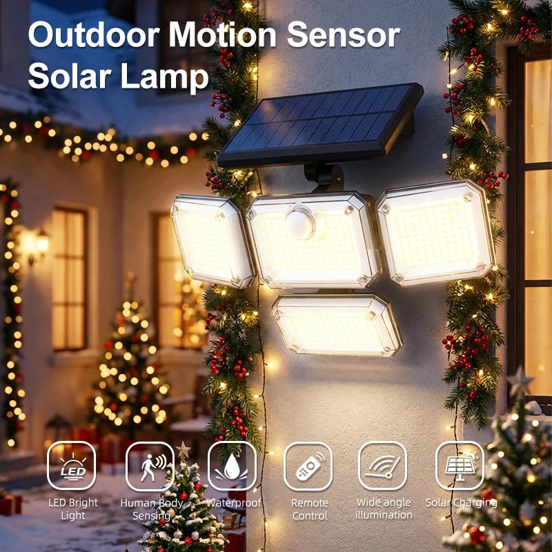 5000LM Outdoor Motion Sensor Lamp 333 LED IP65 Waterproof 4-Head Solar Power Light Flood Lights 270° Lighting Range Outdoor Indoor Solar Garden Lamp With Adjustable Head Wide Lighting