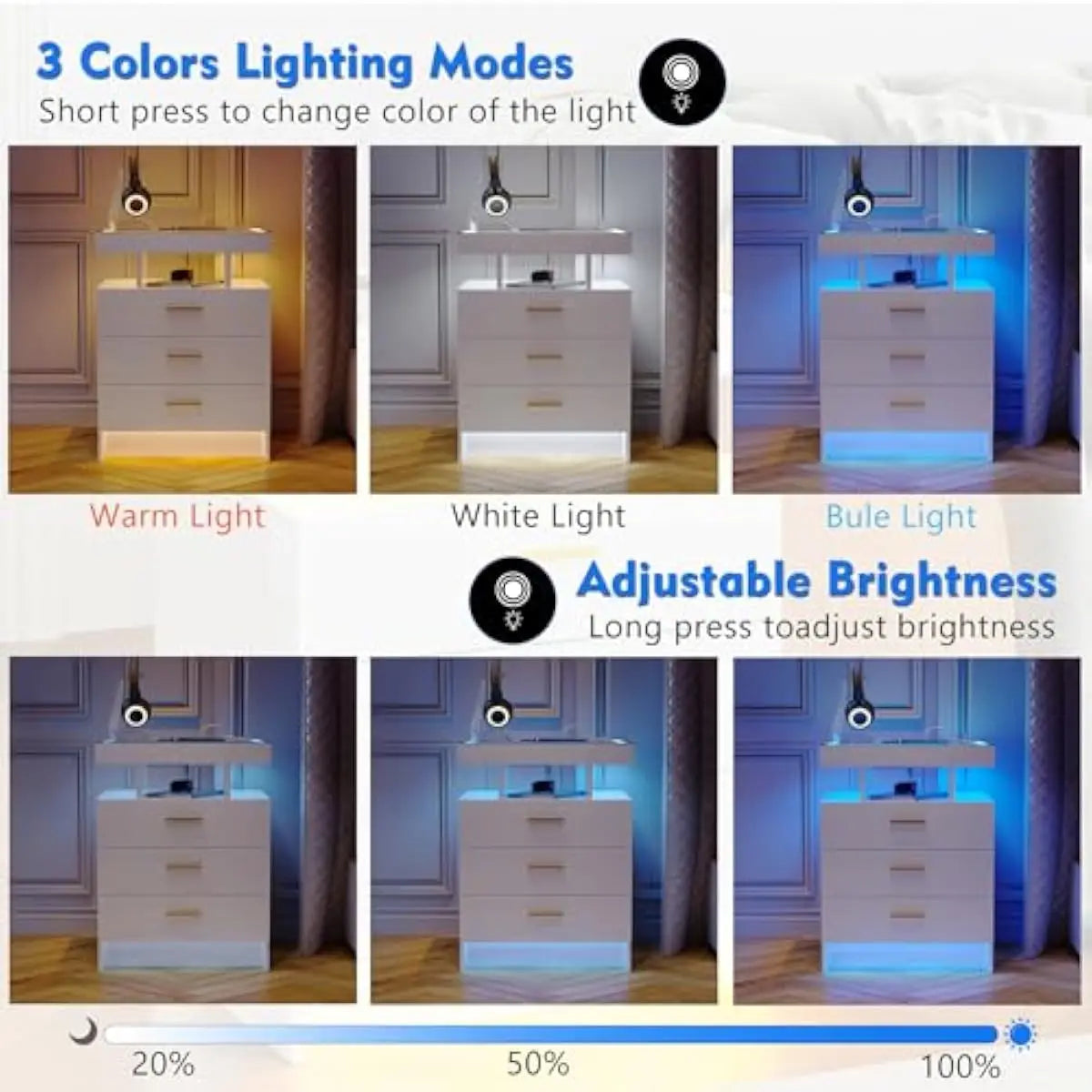 2-piece LED-equipped bedside tables featuring touchless motion-sensing illumination, triple-color adjustable lighting, tempered