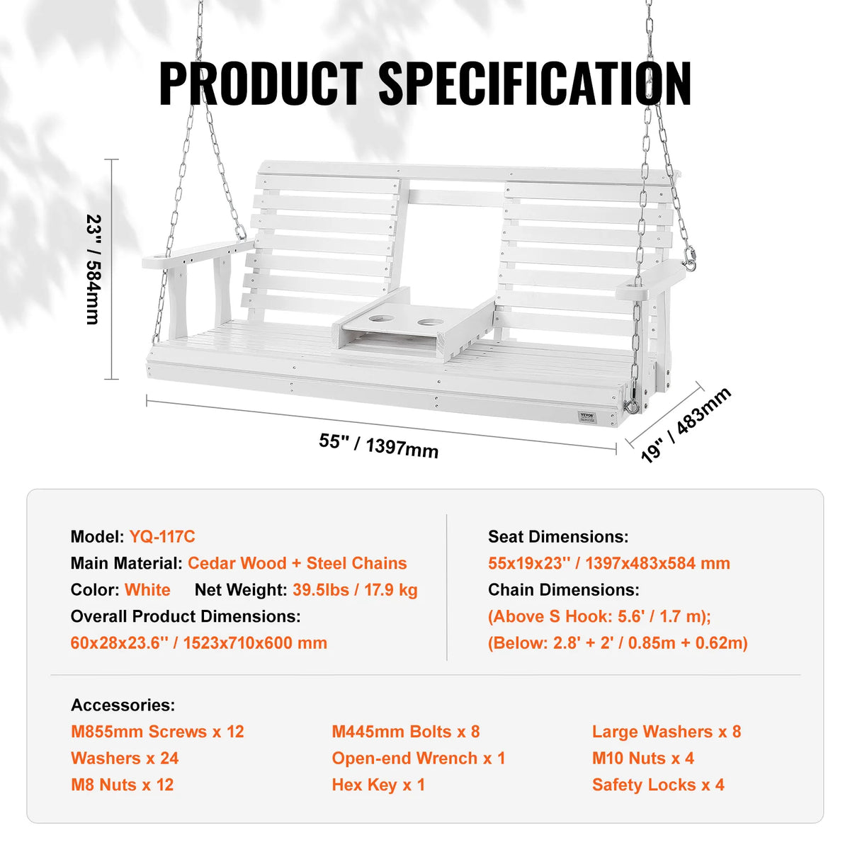 SucceBuy Wooden Porch Swing With Steel Chains For Outdoor Gardens