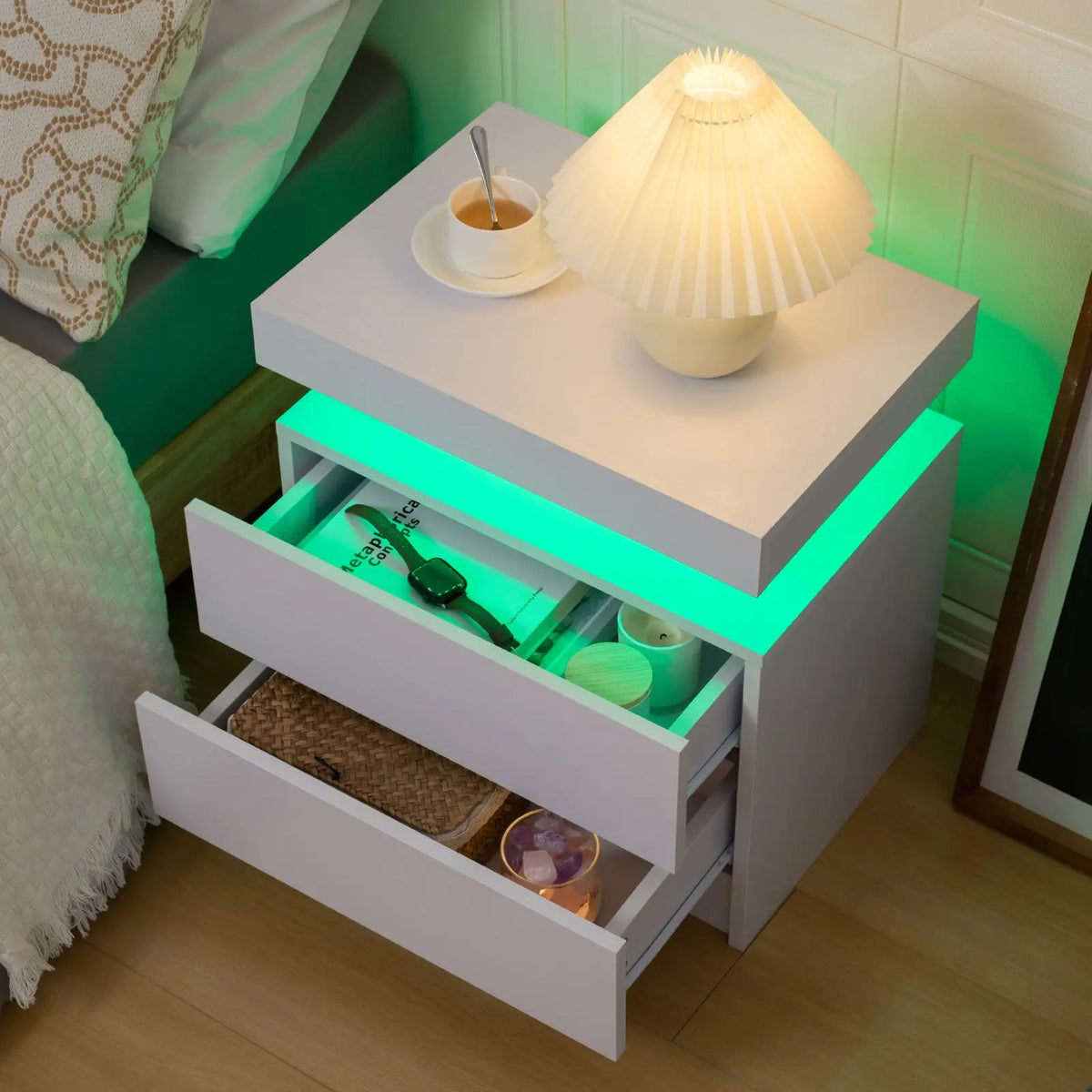 Cubehom Modern LED Nightstand With Two Drawers And RGB Lighting