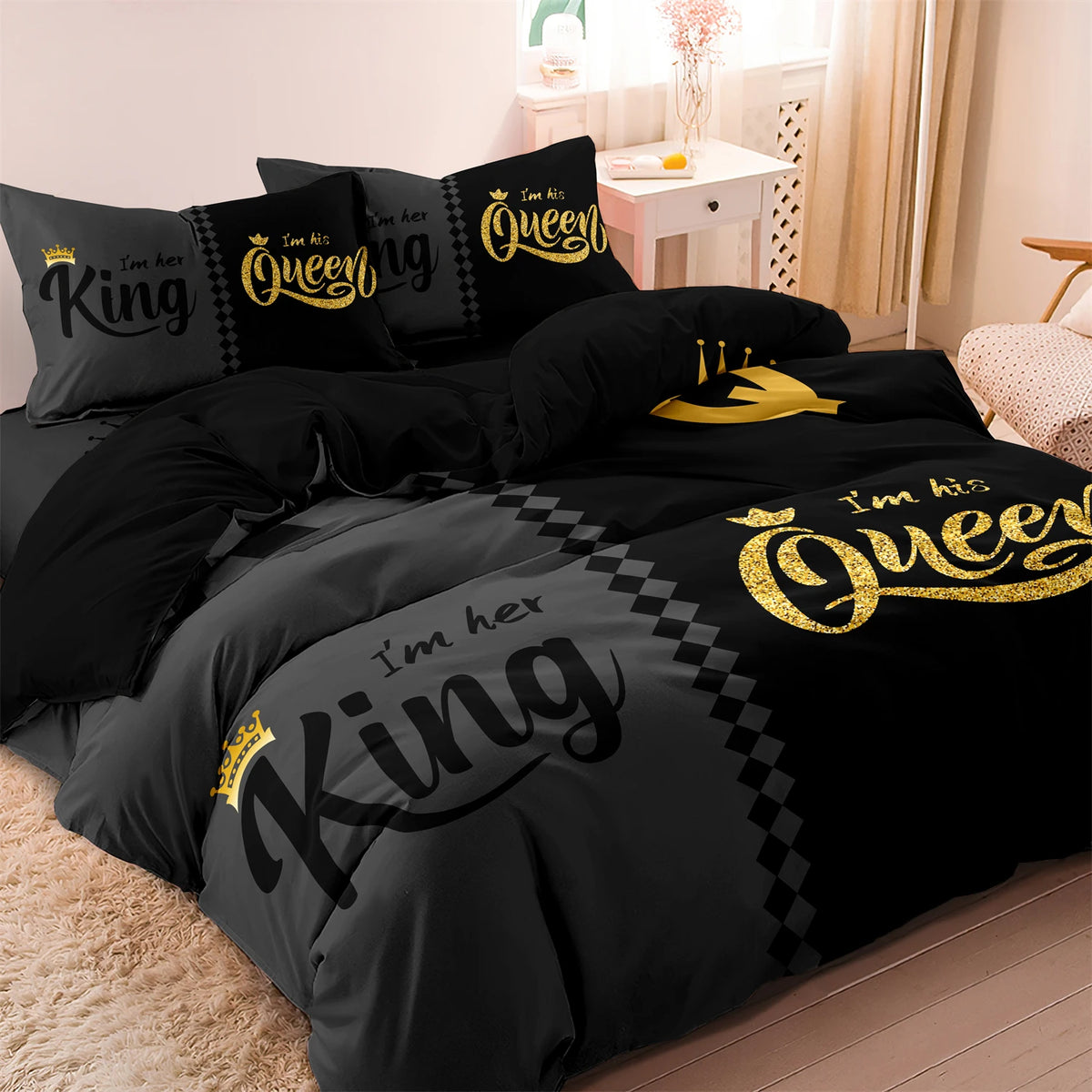 3pcs Fashionable Black Gray Queen & King Crown Printed Bedding Set Duvet Cover Soft Comfortable And Breathable, Bedroom, Hotel