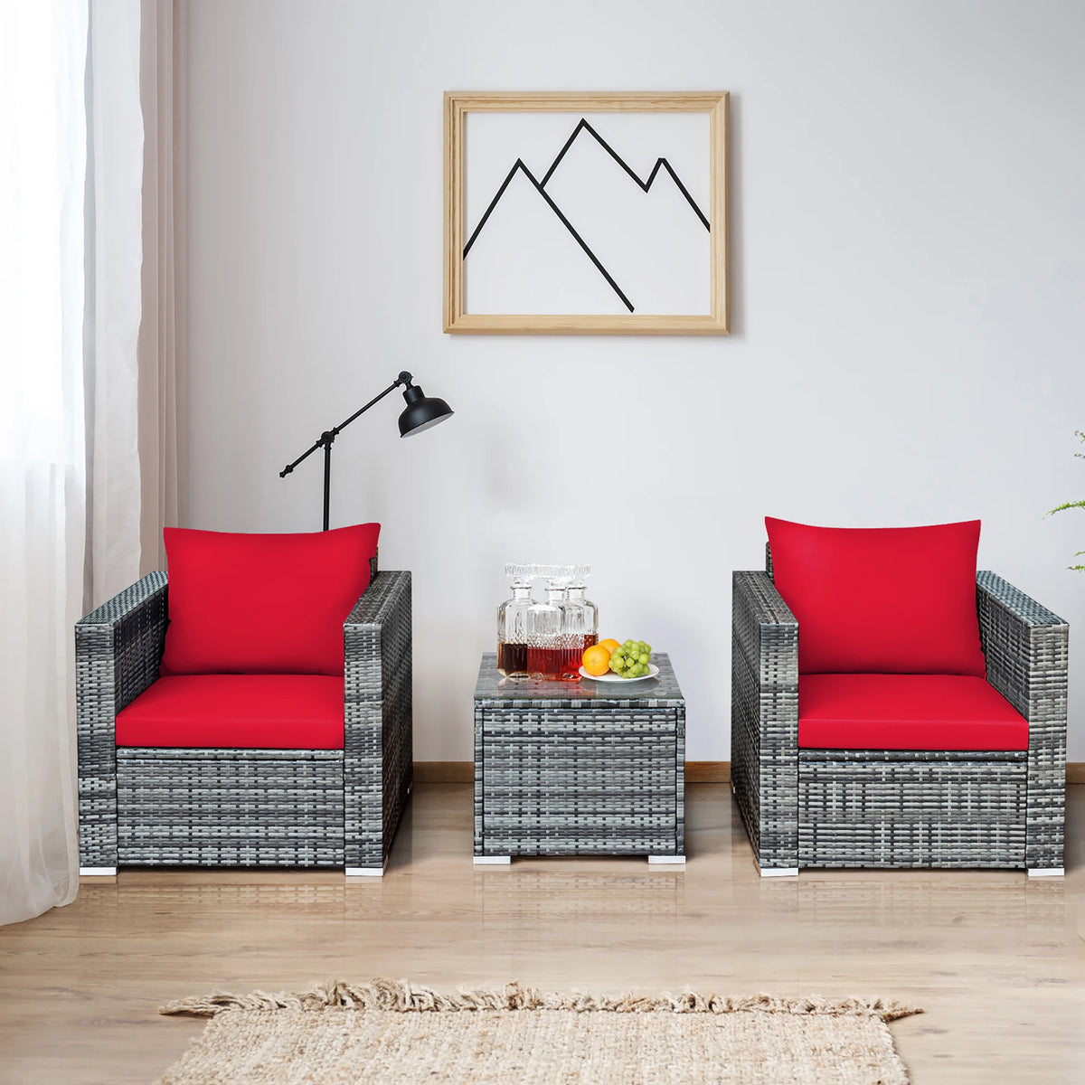 HOMASIS 3 Piece Outdoor Rattan Bistro Furniture Set With Cushions