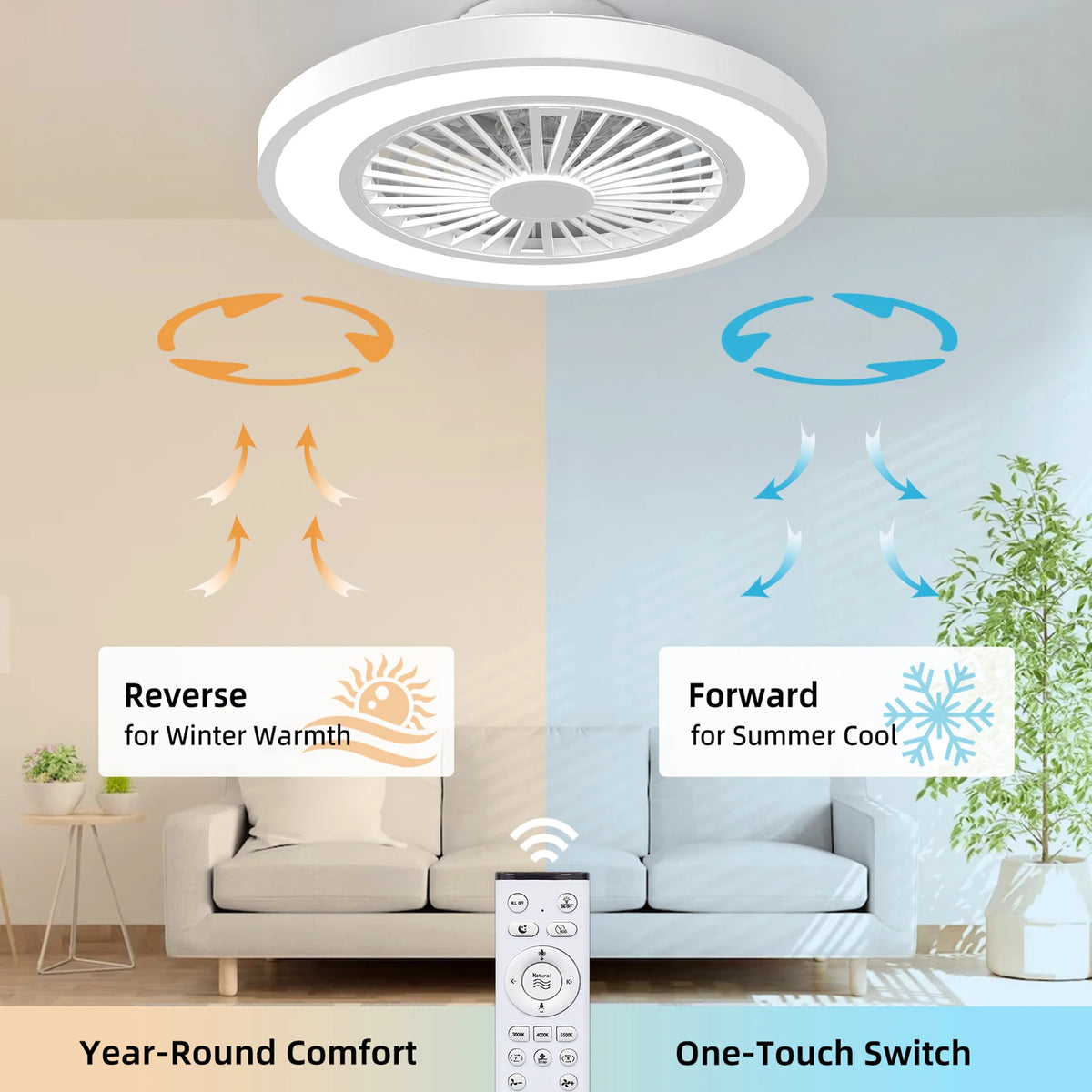 Silent Ceiling Fan With Light Remote Control Reversible Motor