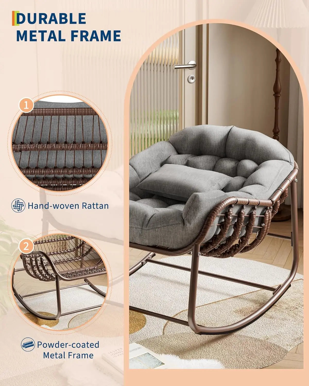HiMISS Outdoor Papasan Egg Rocking Chair With UV Resistant Cushion
