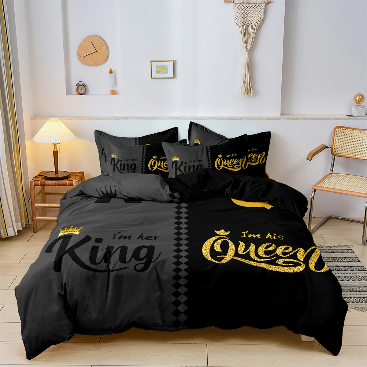 3pcs Fashionable Black Gray Queen & King Crown Printed Bedding Set Duvet Cover Soft Comfortable And Breathable, Bedroom, Hotel