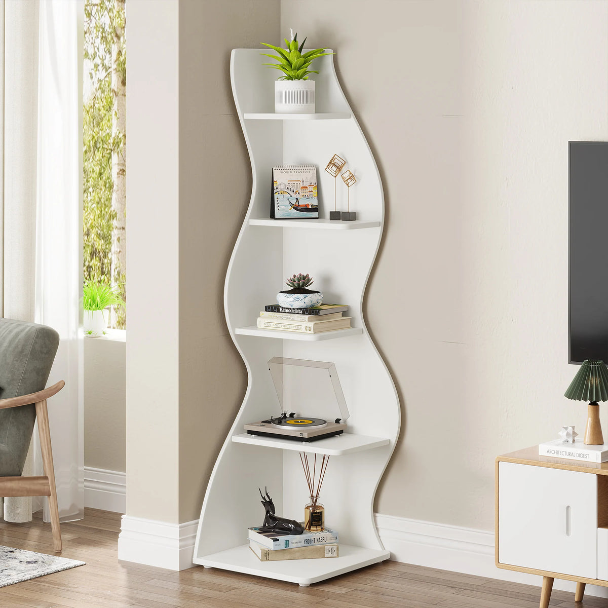 Tribesigns Modern Corner Bookshelf With Stylish Storage And Display Shelves