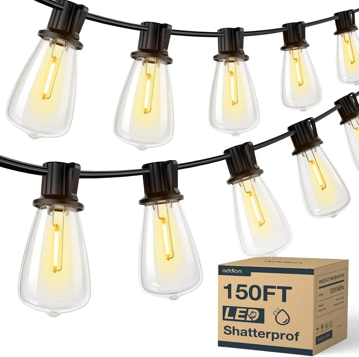 150FT LED Outdoor String Lights Waterproof Patio Lights Shatterproof ST38 Replaceable Bulbs Dimmable Outside Hanging Lights
