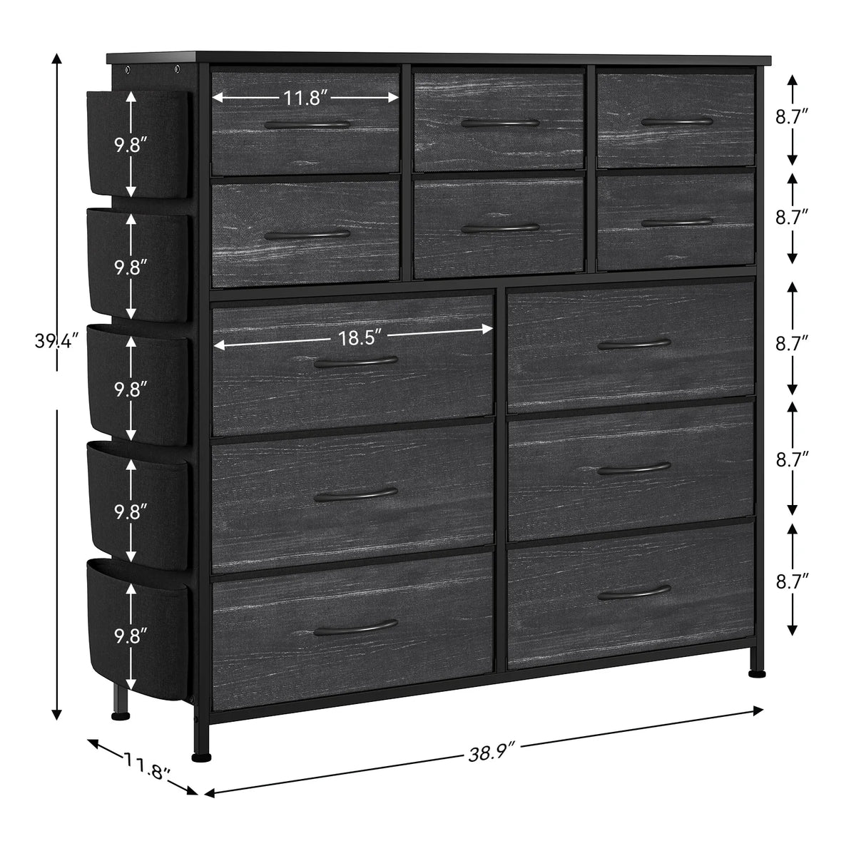 Fabric Drawer Dresser With Side Pockets And Hooks For Storage