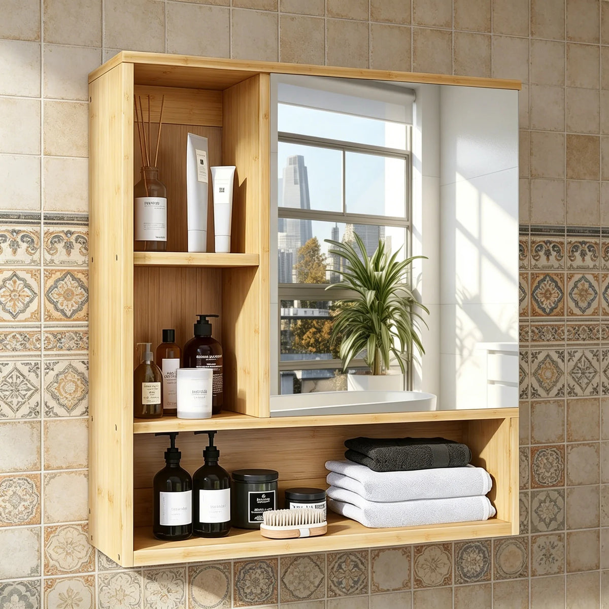 Bamboo Wall Mounted Bathroom Cabinet With Mirror And Adjustable Shelf