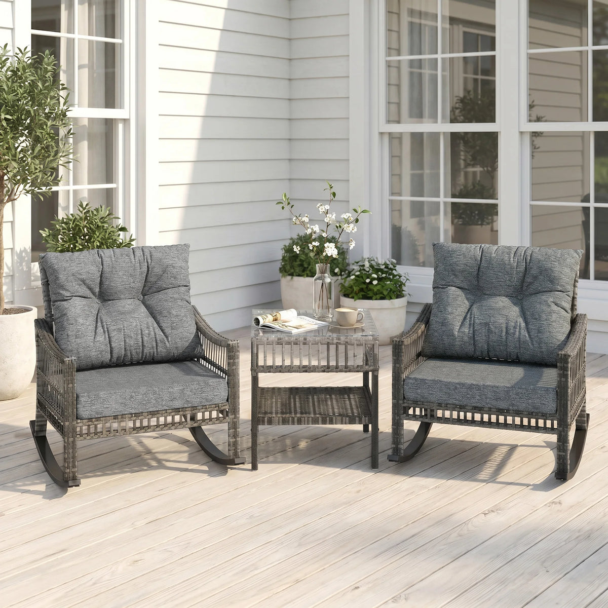 Outsunny Outdoor Rattan Rocking Chair Bistro Set With Table