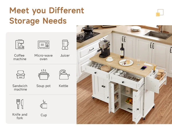 Mobile Kitchen Island Cart With Drop Leaf Power Outlet Storage