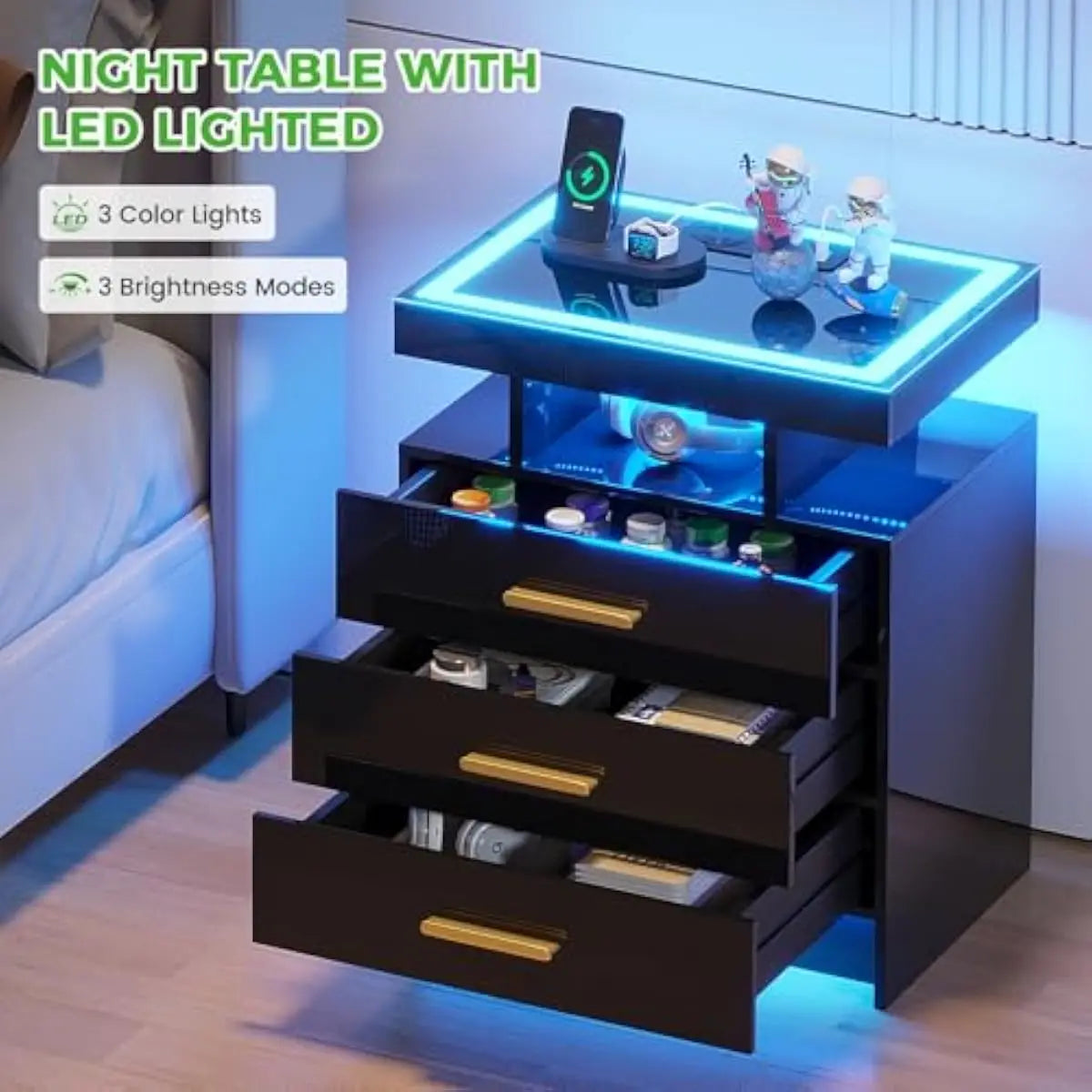 3-drawer LED nightstand set with motion-sensor lighting, wireless charging, USB-C ports, tempered glass top, MDF frame, minimali