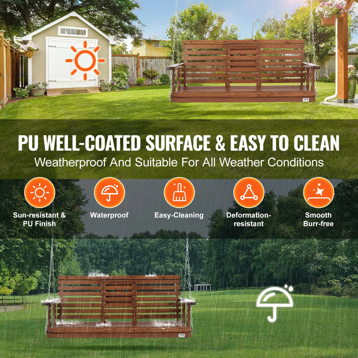 SucceBuy Wooden Porch Swing With Steel Chains For Outdoor Gardens