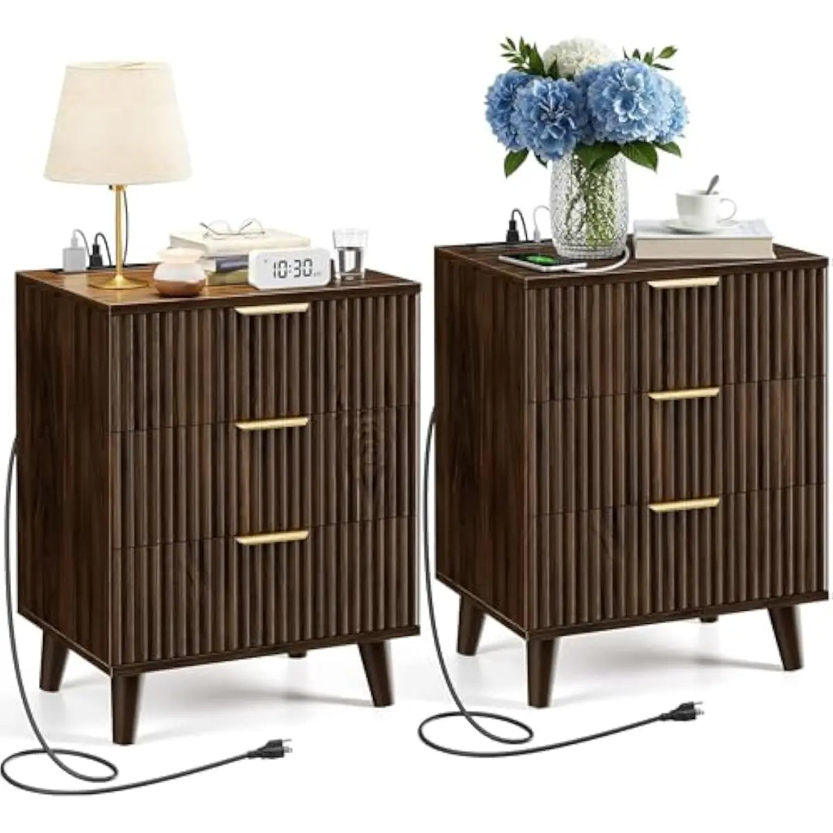 White fluted nightstand duo 15.7x19.7x26.3 in with triple soft-close drawers USB AC charging ports waterproof laminate MDF frame