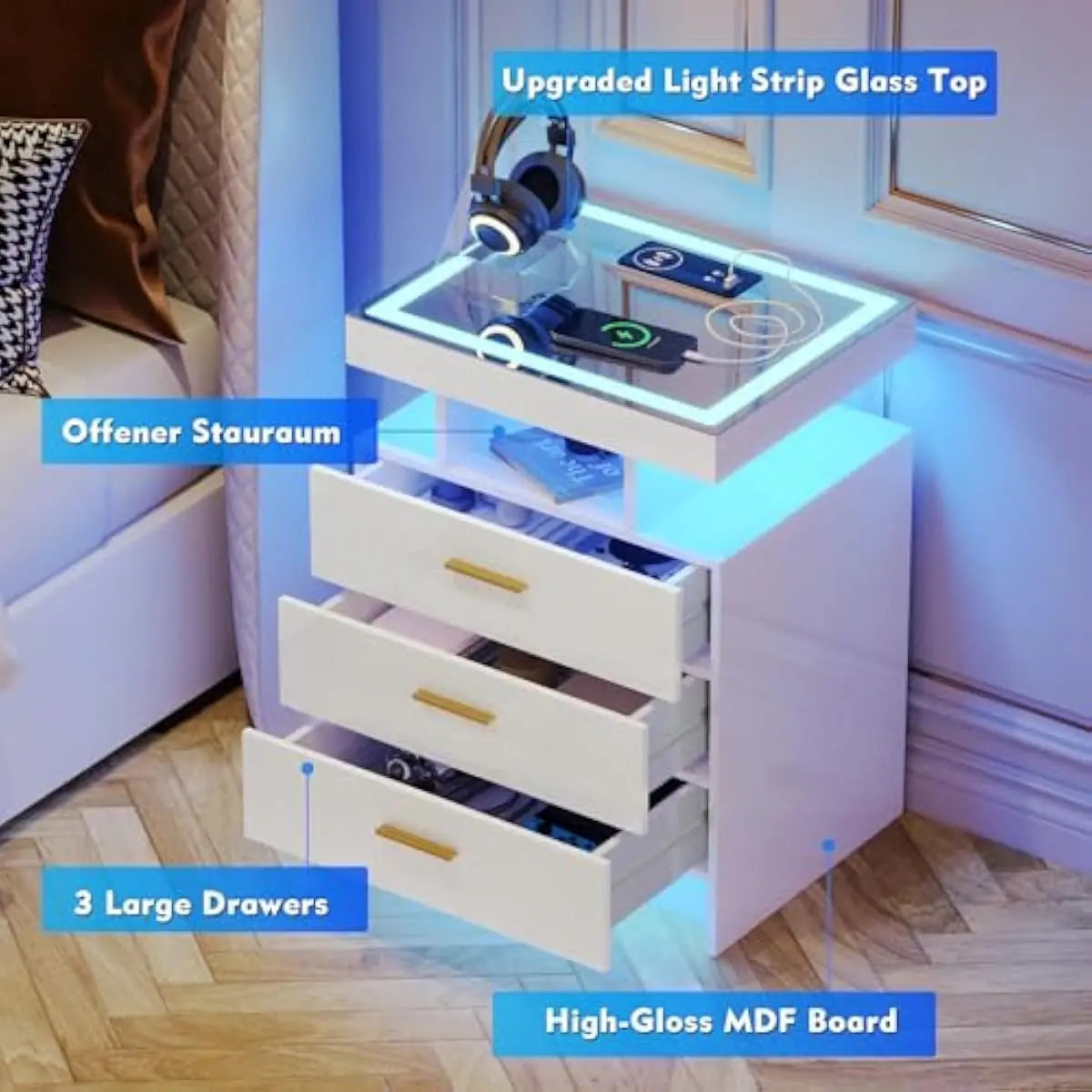 2-piece LED-equipped bedside tables featuring touchless motion-sensing illumination, triple-color adjustable lighting, tempered