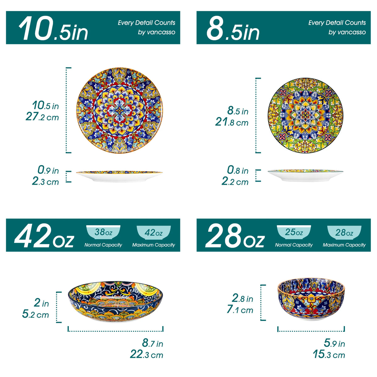 MALACASA Bohemian Porcelain Dinnerware Set with Plates and Bowls