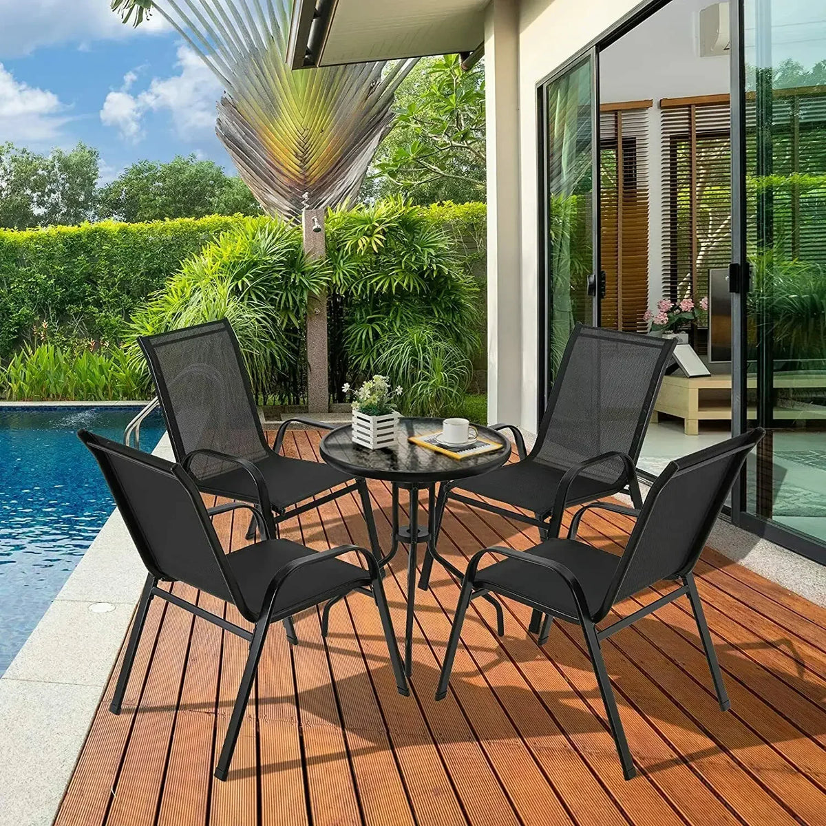 Homfa Stackable Metal Frame Textilene Outdoor Patio Dining Chair Set