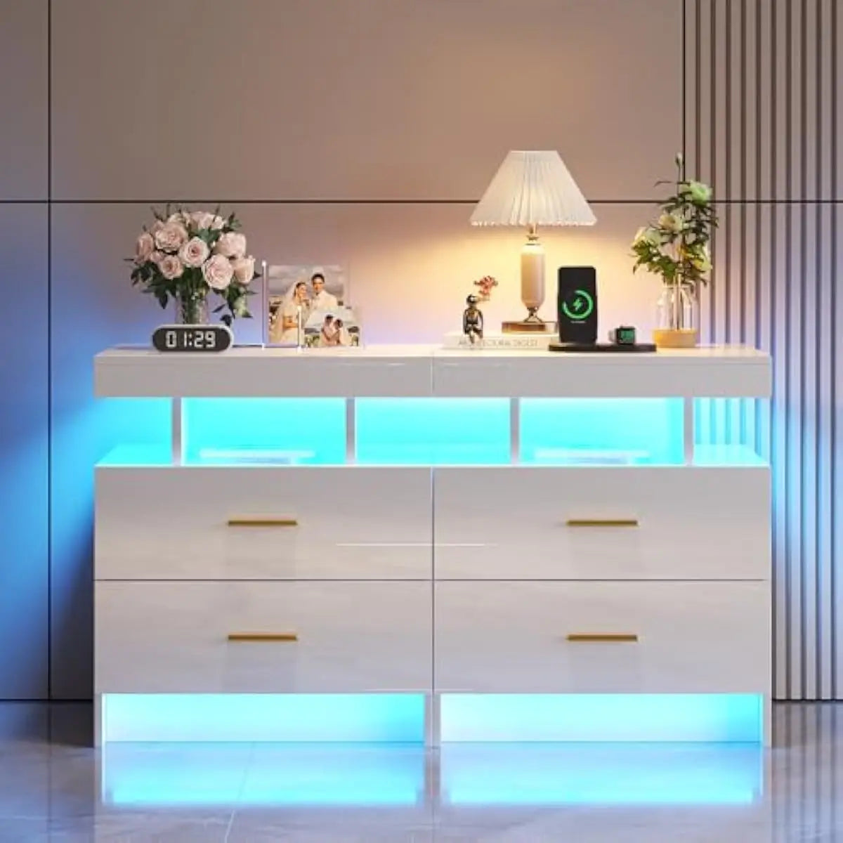 3-drawer LED nightstand set with motion-sensor lighting, wireless charging, USB-C ports, tempered glass top, MDF frame, minimali