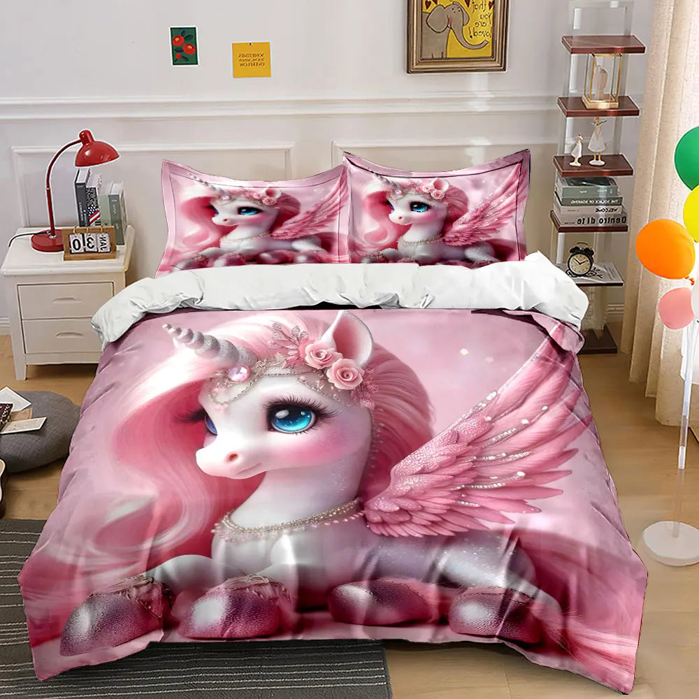 "Unicorn Pink Decor Set" Multiple sizes kid's and adults' bedroom Exquisite 3PC bedding set, gift