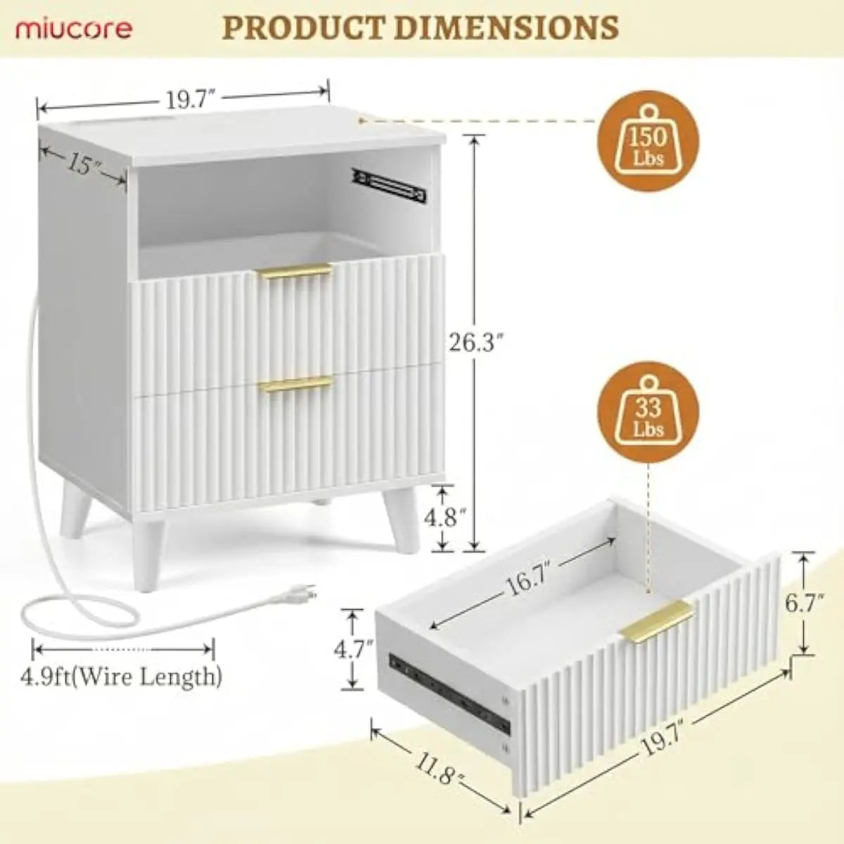White fluted nightstand duo 15.7x19.7x26.3 in with triple soft-close drawers USB AC charging ports waterproof laminate MDF frame