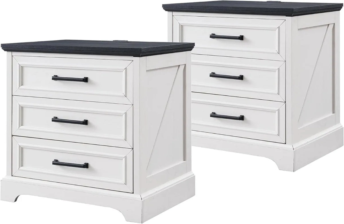 ACCOHOHO Farmhouse Nightstand With Charging Station And Storage Drawers