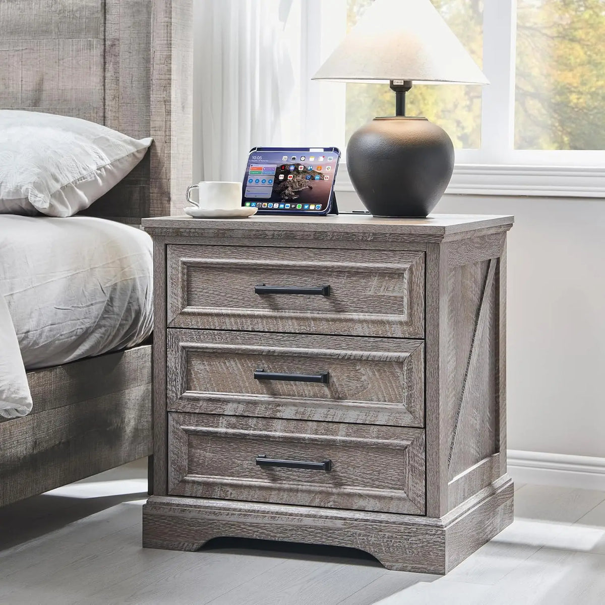 ACCOHOHO Farmhouse Nightstand With Charging Station And Storage Drawers