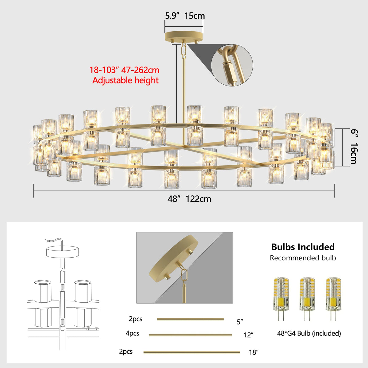 ZHIKEA Modern Crystal Pendant Light LED Ceiling Fixture