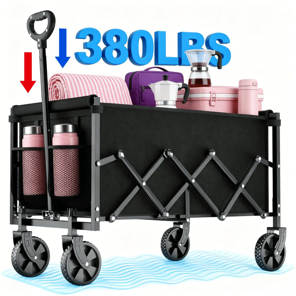 380LBS Capacity Folding Garden Wagon, Heavy Duty Utility Cart with Adjustable Handle, Portable All-Terrain Outdoor Camping Grocery Canvas Cart