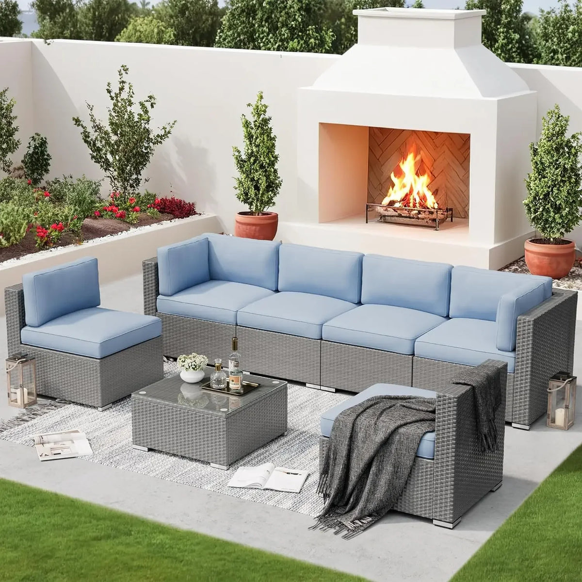 Outdoor Patio Wicker Sectional Sofa Set With Coffee Table