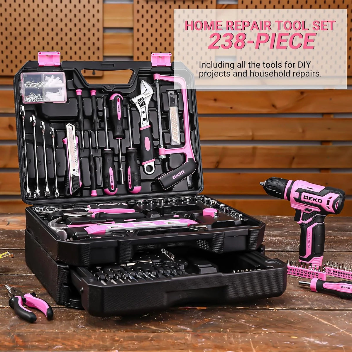 DEKO Cordless Drill and Home Repair Tool Kit With Storage