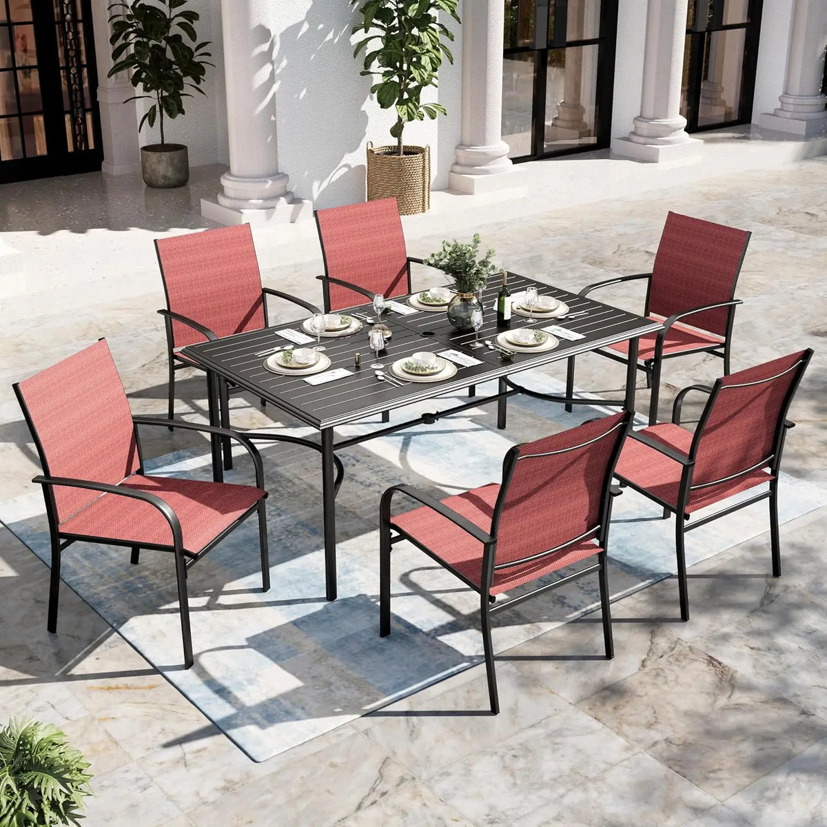 Patio Dining Set With Metal Table And Six Outdoor Chairs