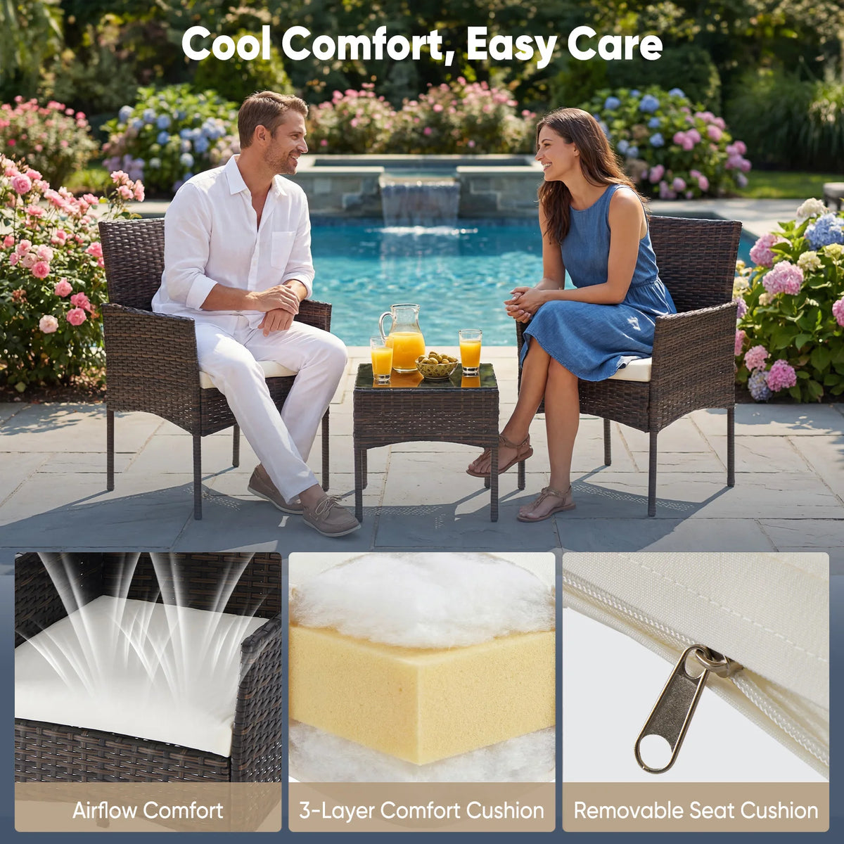 JHK Outdoor Wicker Bistro Set With Cushions And Glass Table