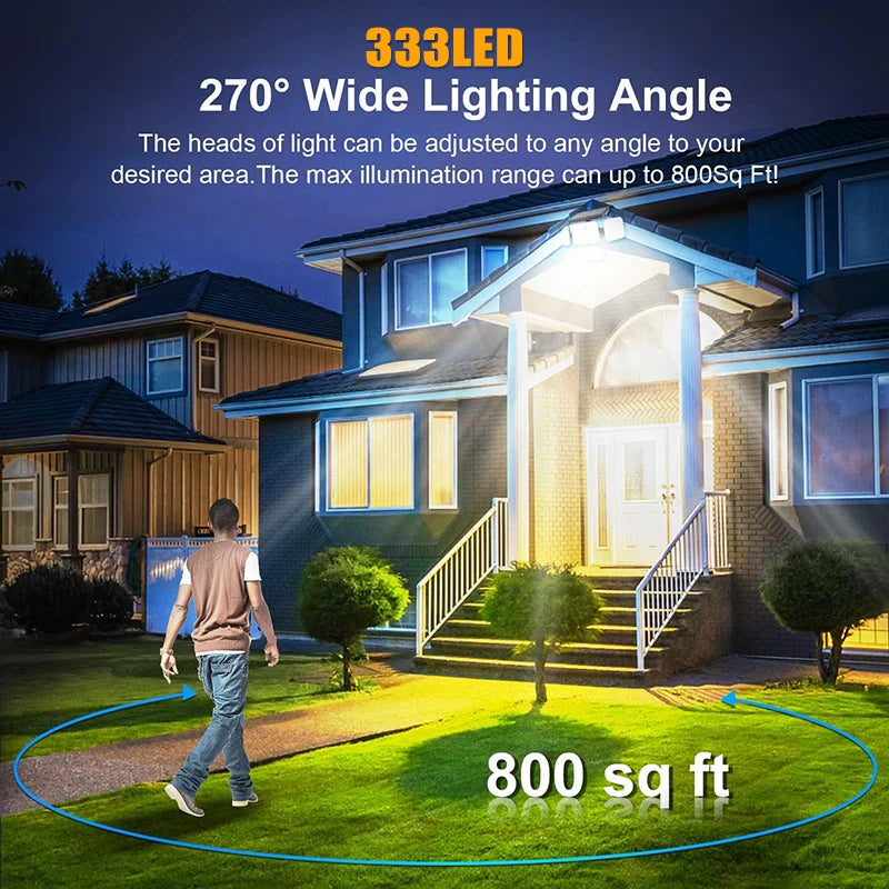 5000LM Outdoor Motion Sensor Lamp 333 LED IP65 Waterproof 4-Head Solar Power Light Flood Lights 270° Lighting Range Outdoor Indoor Solar Garden Lamp With Adjustable Head Wide Lighting