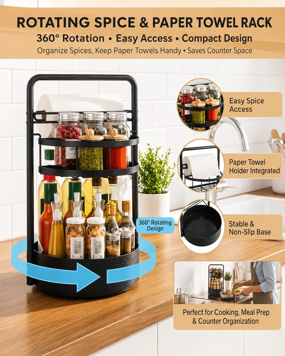 Stainless Steel Rotating Kitchen Spice Rack Organizer Paper Towel Holder